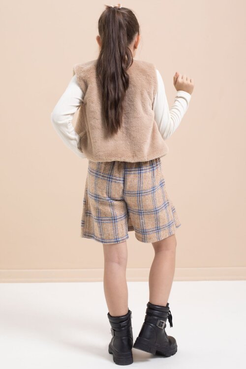 Kahverengi Kız Çocuk Peluş Yelekli Ekose Desenli Şort Etekli 3lü Takım 21526