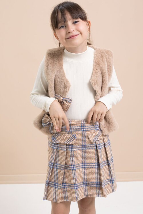 Kahverengi Kız Çocuk Peluş Yelekli Ekose Desenli Şort Etekli 3lü Takım 21526