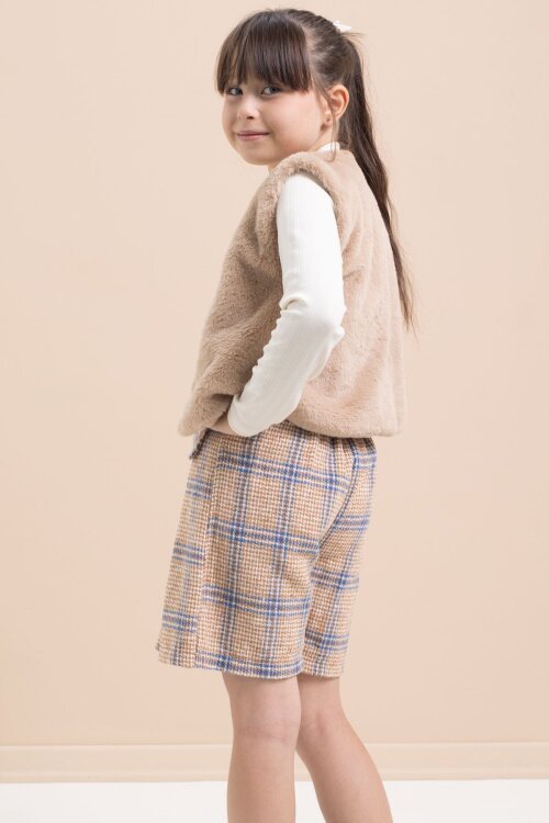 Kahverengi Kız Çocuk Peluş Yelekli Ekose Desenli Şort Etekli 3lü Takım 21526