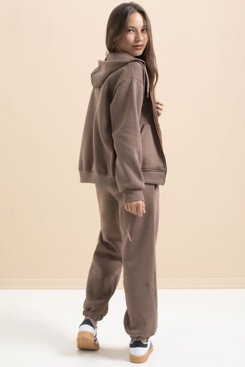 Kahverengi Kız Çocuk Şardonlu Boncuk İşlemeli 2li Takım 21416