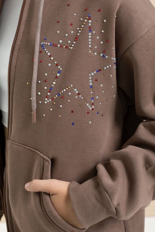 Kahverengi Kız Çocuk Şardonlu Boncuk İşlemeli 2li Takım 21416