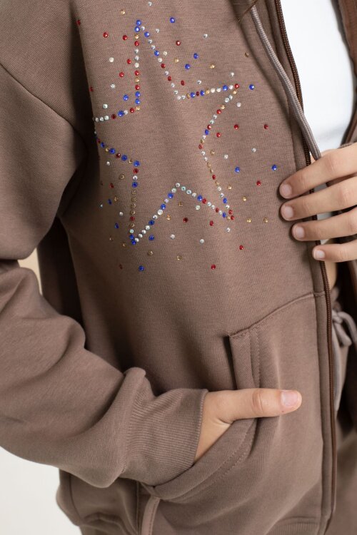 Kahverengi Kız Çocuk Şardonlu Boncuk İşlemeli 2li Takım 21416