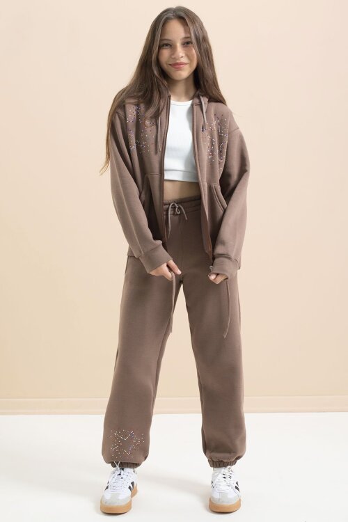 Kahverengi Kız Çocuk Şardonlu Boncuk İşlemeli 2li Takım 21416