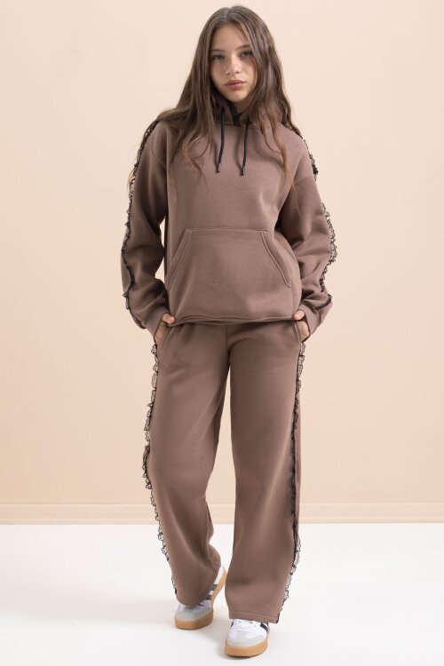 Kahverengi Kız Çocuk Şardonlu Dantel Detaylı 3 İplik Takım 21505