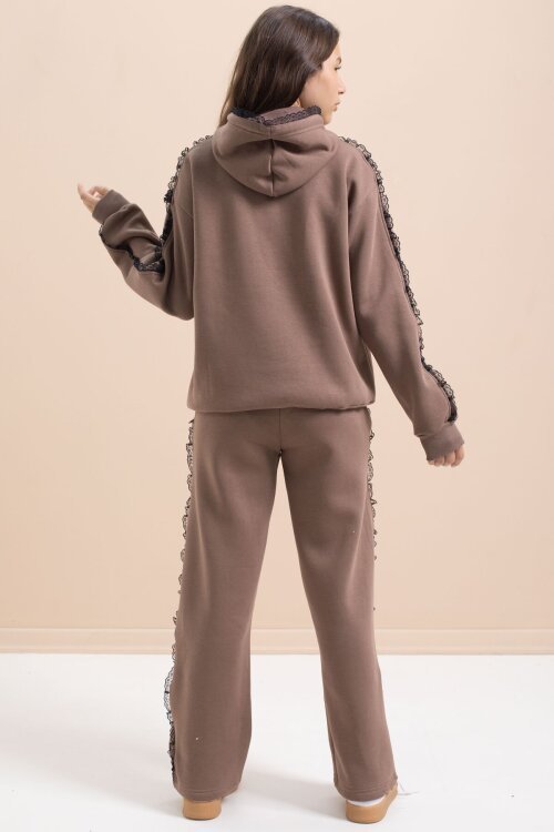 Kahverengi Kız Çocuk Şardonlu Dantel Detaylı 3 İplik Takım 21505