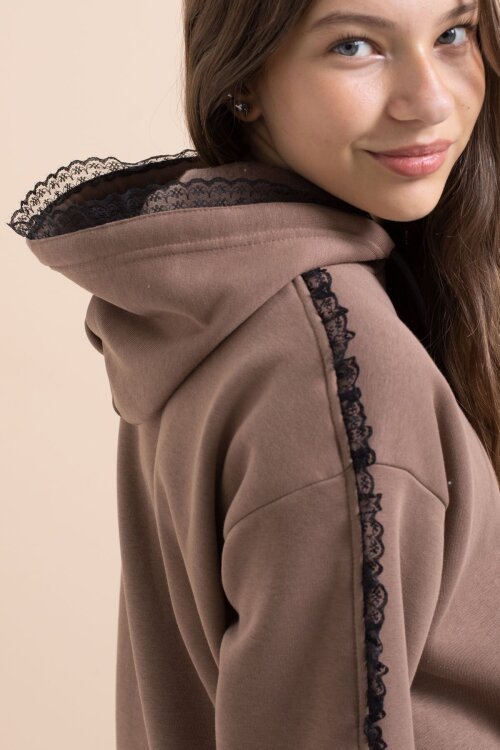 Kahverengi Kız Çocuk Şardonlu Dantel Detaylı 3 İplik Takım 21505