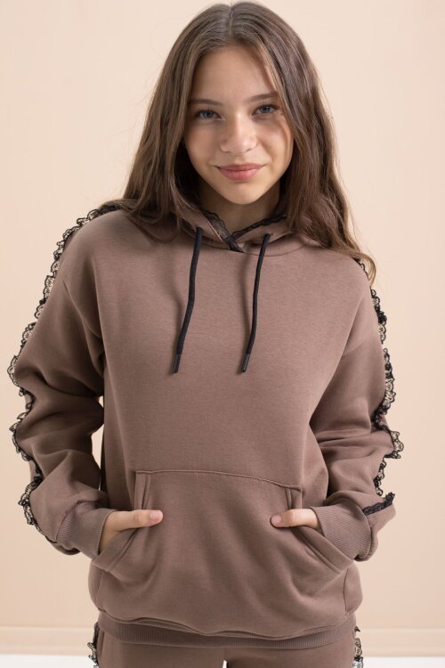 Kahverengi Kız Çocuk Şardonlu Dantel Detaylı 3 İplik Takım 21505