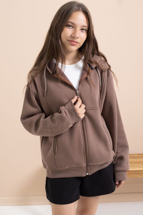 Kahverengi Kız Çocuk Şardonlu Kapüşonlu Hırka 21521