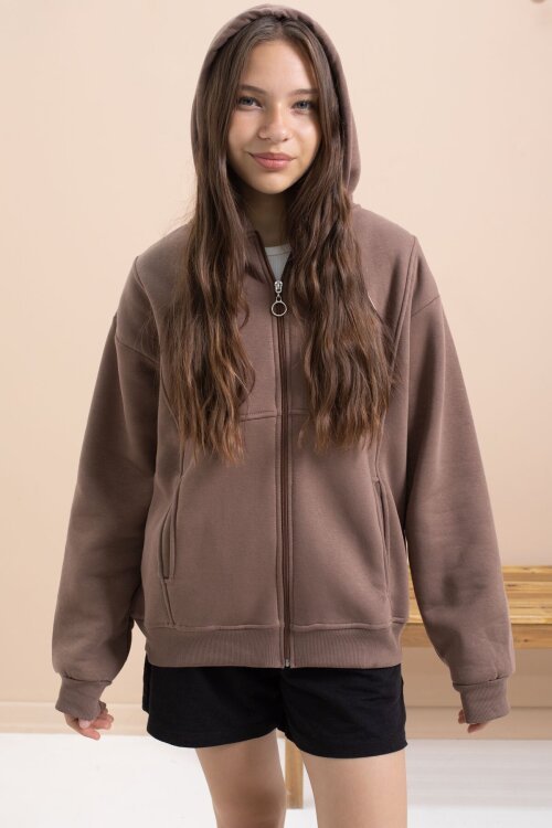 Kahverengi Kız Çocuk Şardonlu Kapüşonlu Hırka 21521