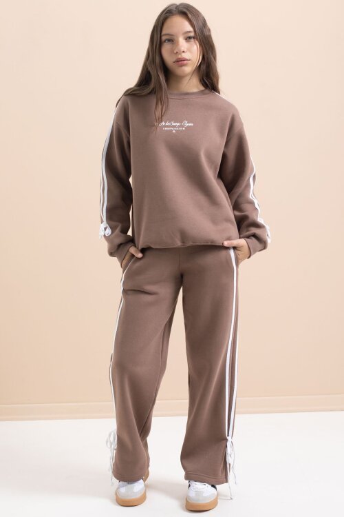 Kahverengi Kız Çocuk Şerit Detaylı 3 İplik Şardonlu Takım 21515