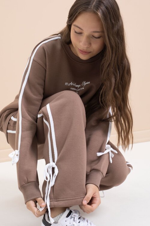 Kahverengi Kız Çocuk Şerit Detaylı 3 İplik Şardonlu Takım 21515