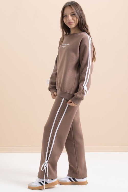 Kahverengi Kız Çocuk Şerit Detaylı 3 İplik Şardonlu Takım 21515