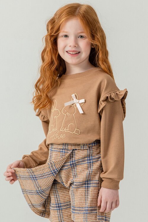 Kahverengi Kız Çocuk Tavşan Nakışlı Ekose Desenli Şort Etekli 2li Takım 21538