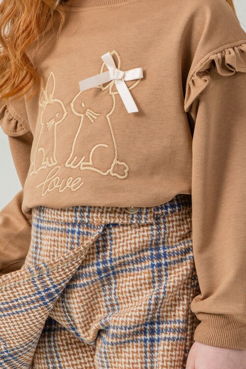 Kahverengi Kız Çocuk Tavşan Nakışlı Ekose Desenli Şort Etekli 2li Takım 21538