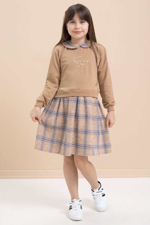Kahverengi Kız Çocuk Yazı Baskılı Ekose Desenli Elbise 21544