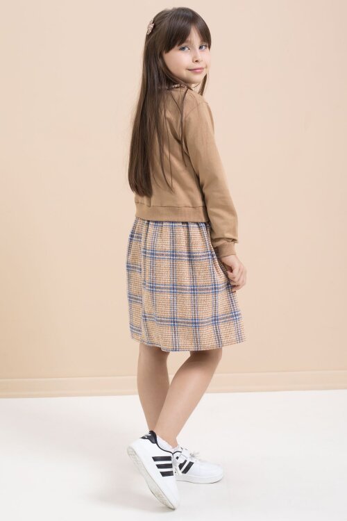 Kahverengi Kız Çocuk Yazı Baskılı Ekose Desenli Elbise 21544