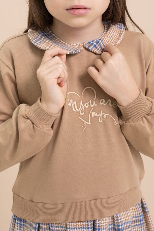 Kahverengi Kız Çocuk Yazı Baskılı Ekose Desenli Elbise 21544