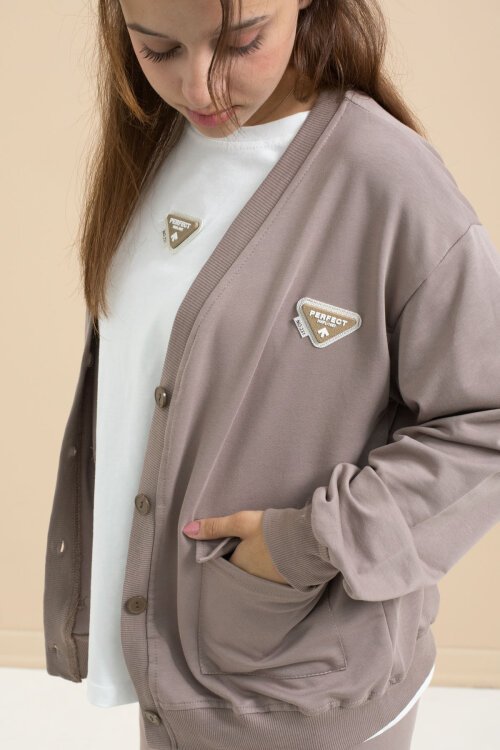 Kahverengi Logo Detaylı Düğmeli Hırkalı kız Çocuk Yırtmaçlı 3lü Atl-Üst Takım 21376