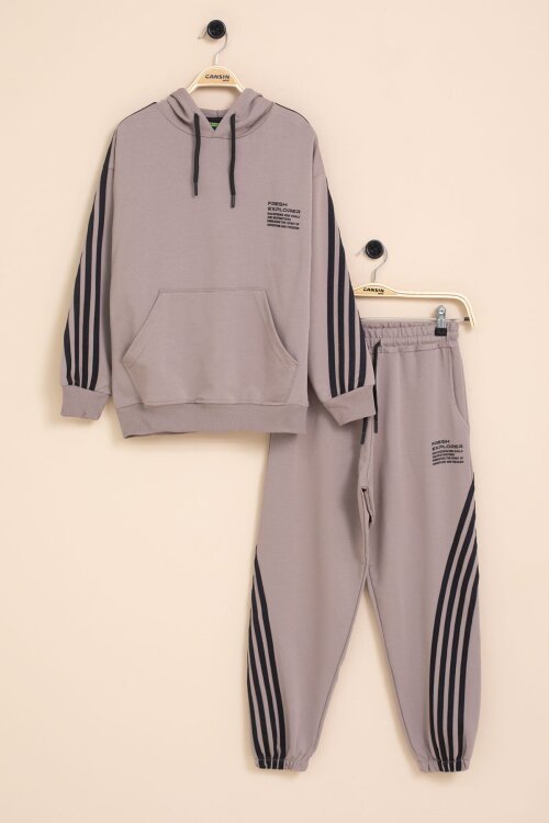 Kahverengi Şerit Detaylı Yazı Baskılı Kapüşonlu Erkek Çocuk Eşofman Takımı 21452