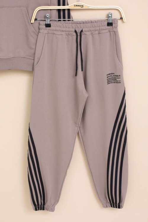 Kahverengi Şerit Detaylı Yazı Baskılı Kapüşonlu Erkek Çocuk Eşofman Takımı 21452