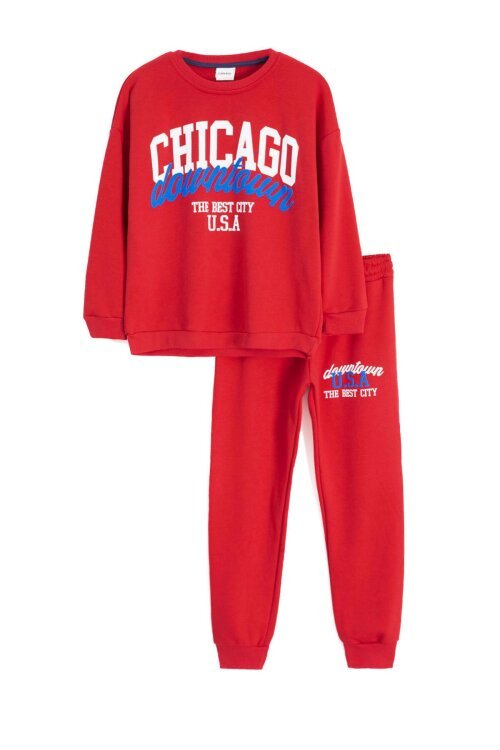 Kırmızı Chicago Baskılı Bisiklet Yaka Erkek Çocuk 2li Eşofman Takımı 22730