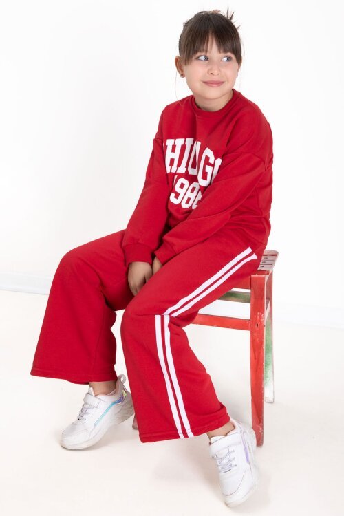 Kırmızı Chicago Baskılı Kız Çocuk Şeritli Eşofman Takımı  22742