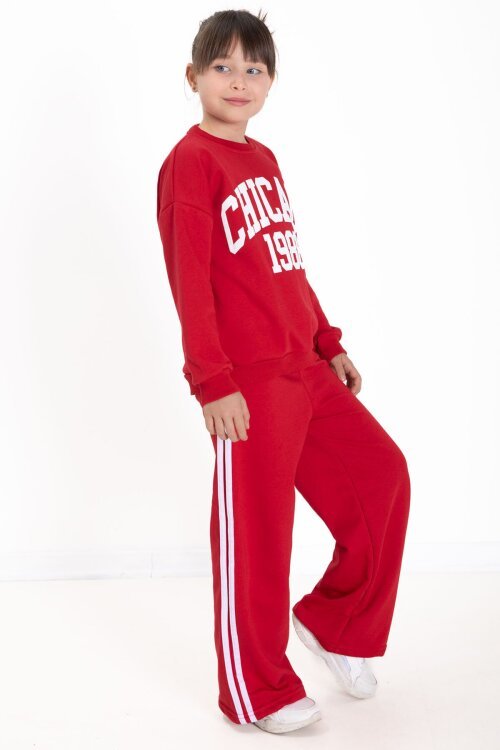 Kırmızı Chicago Baskılı Kız Çocuk Şeritli Eşofman Takımı  22742