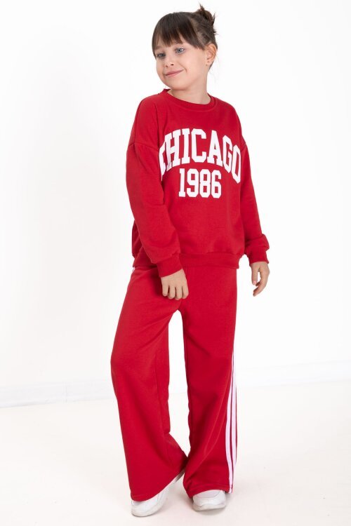 Kırmızı Chicago Baskılı Kız Çocuk Şeritli Eşofman Takımı  22742