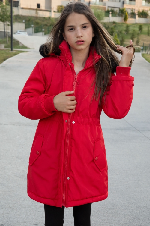 Kırmızı Çıtçıtlı Cepli Esnek Bel İçi Kürklü Kız Çocuk Kapüşonlu Mont 21305