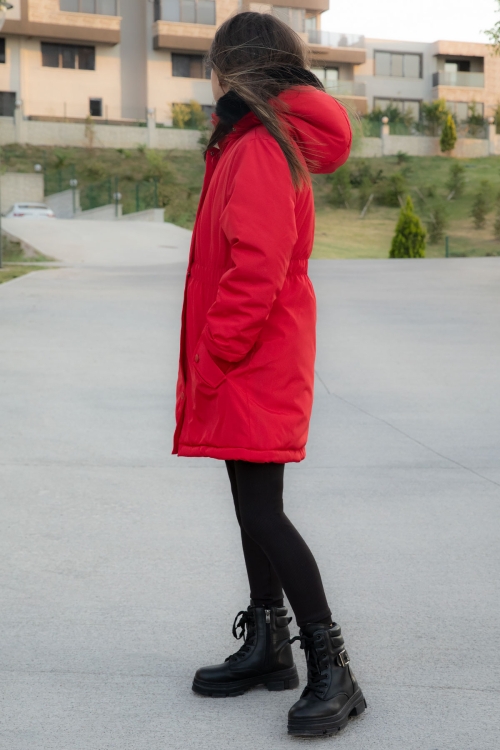 Kırmızı Çıtçıtlı Cepli Esnek Bel İçi Kürklü Kız Çocuk Kapüşonlu Mont 21305