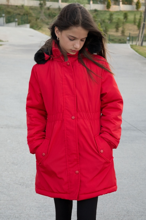Kırmızı Çıtçıtlı Cepli Esnek Bel İçi Kürklü Kız Çocuk Kapüşonlu Mont 21305