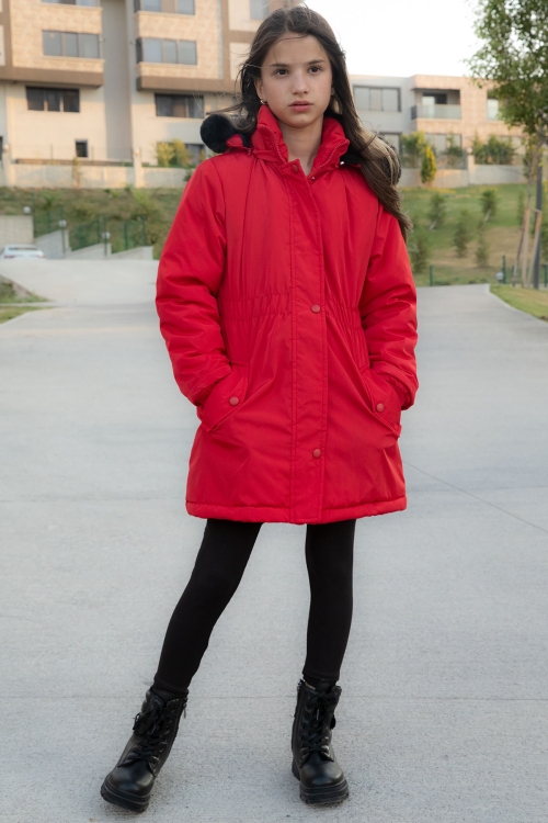 Kırmızı Çıtçıtlı Cepli Esnek Bel İçi Kürklü Kız Çocuk Kapüşonlu Mont 21305