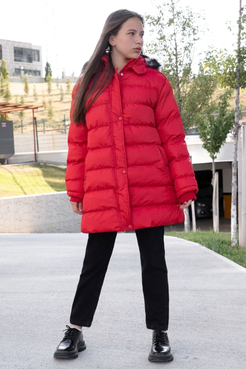 Kırmızı İçi Kürklü Çıtçıtlı Kapüşonlu Kız Çocuk Şişme Mont 21321