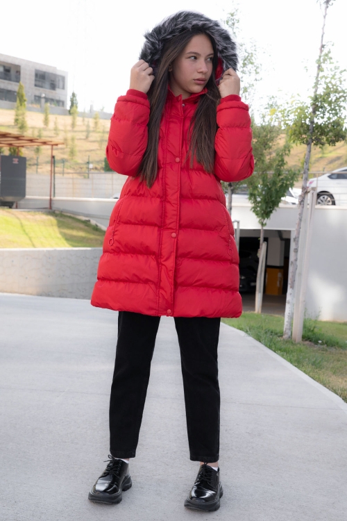 Kırmızı İçi Kürklü Çıtçıtlı Kapüşonlu Kız Çocuk Şişme Mont 21321