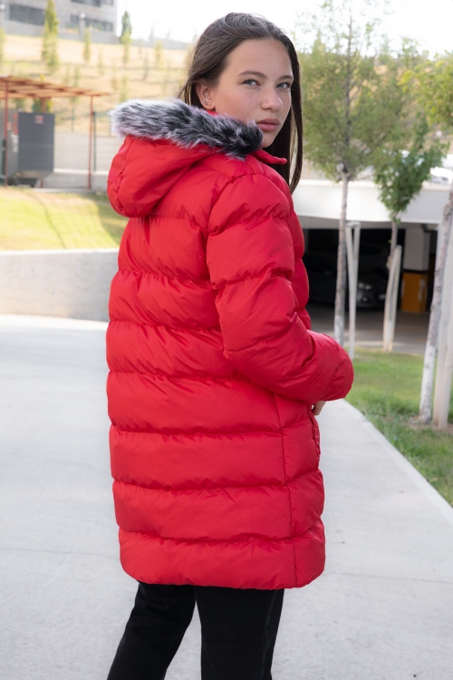 Kırmızı İçi Kürklü Çıtçıtlı Kapüşonlu Kız Çocuk Şişme Mont 21321