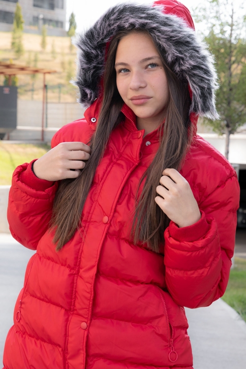 Kırmızı İçi Kürklü Çıtçıtlı Kapüşonlu Kız Çocuk Şişme Mont 21321