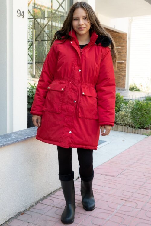 Kırmızı Kapaklı Cepli İçi Kürklü Çıkarılabilir Kapüşonlu Kız Çocuk Şişme Mont 21484