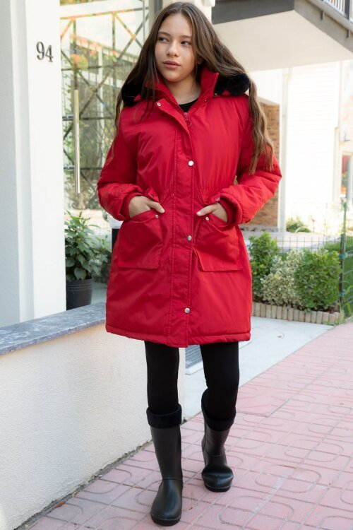 Kırmızı Kapaklı Cepli İçi Kürklü Çıkarılabilir Kapüşonlu Kız Çocuk Şişme Mont 21484
