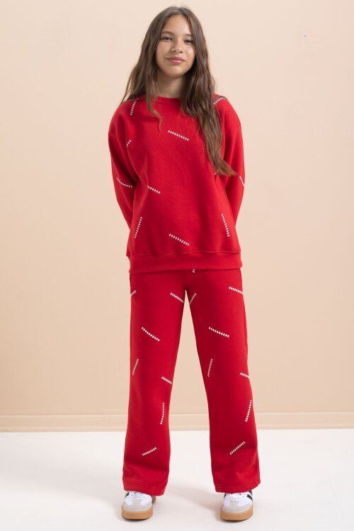 Kırmızı Kız Çocuk Desenli 3 İplik Şardonlu Geniş Paça Eşofman Takımı 22645