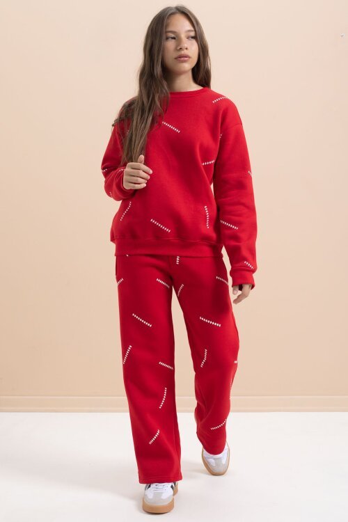 Kırmızı Kız Çocuk Desenli 3 İplik Şardonlu Geniş Paça Eşofman Takımı 22645