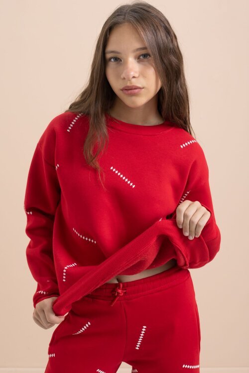 Kırmızı Kız Çocuk Desenli 3 İplik Şardonlu Geniş Paça Eşofman Takımı 22645