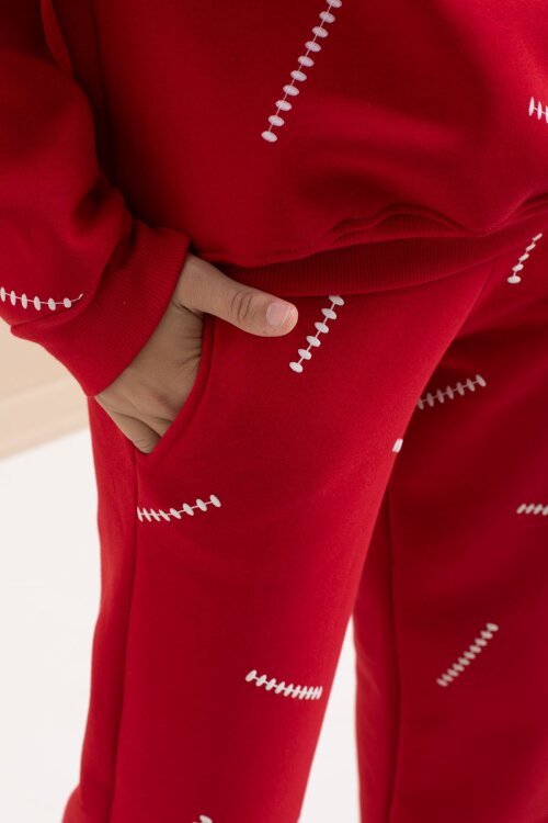 Kırmızı Kız Çocuk Desenli 3 İplik Şardonlu Geniş Paça Eşofman Takımı 22645