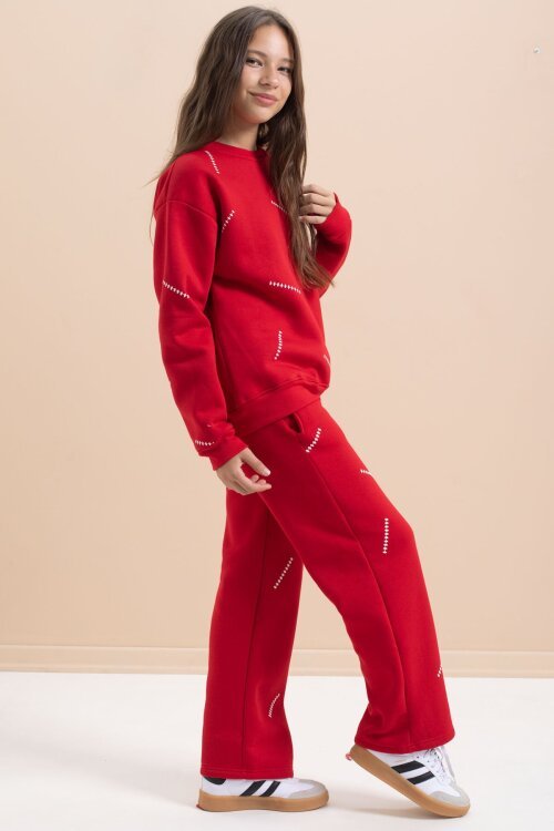 Kırmızı Kız Çocuk Desenli 3 İplik Şardonlu Geniş Paça Eşofman Takımı 22645