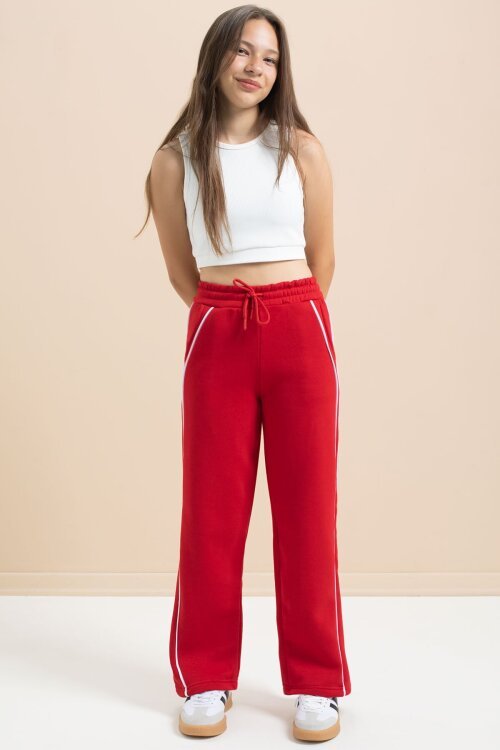 Kırmızı Yanları Şeritli Geniş Paça Kız Çocuk Şardonlu Eşofman Altı 21465