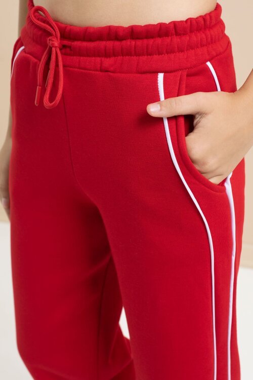 Kırmızı Yanları Şeritli Geniş Paça Kız Çocuk Şardonlu Eşofman Altı 21465