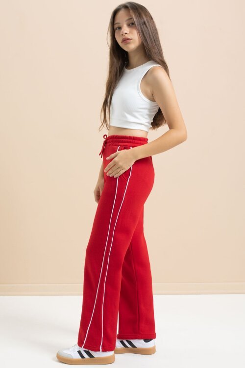 Kırmızı Yanları Şeritli Geniş Paça Kız Çocuk Şardonlu Eşofman Altı 21465