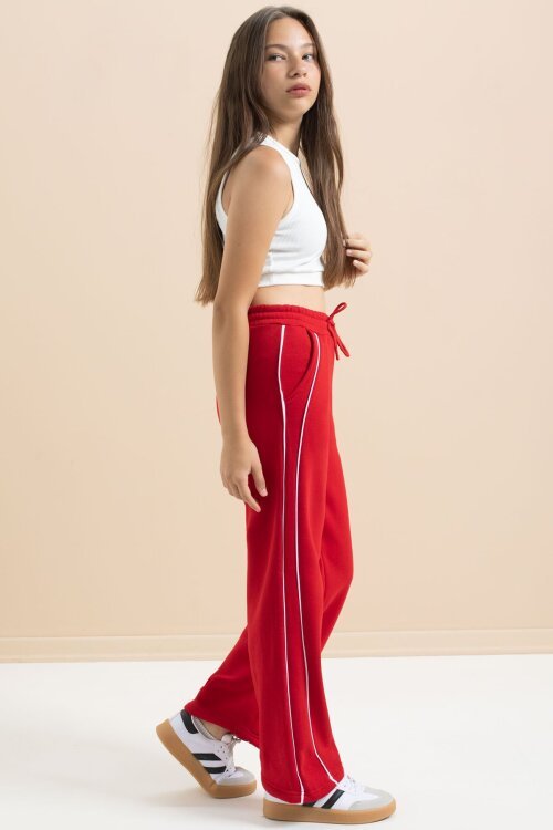 Kırmızı Yanları Şeritli Geniş Paça Kız Çocuk Şardonlu Eşofman Altı 21465