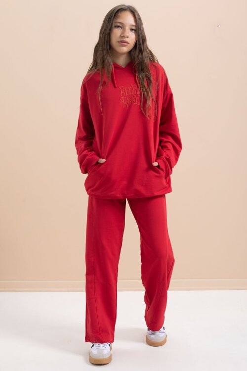 Kırmızı Yazı Baskılı Kapüşonlu Geniş Paça Kız Çocuk Eşofman Takımı 21431