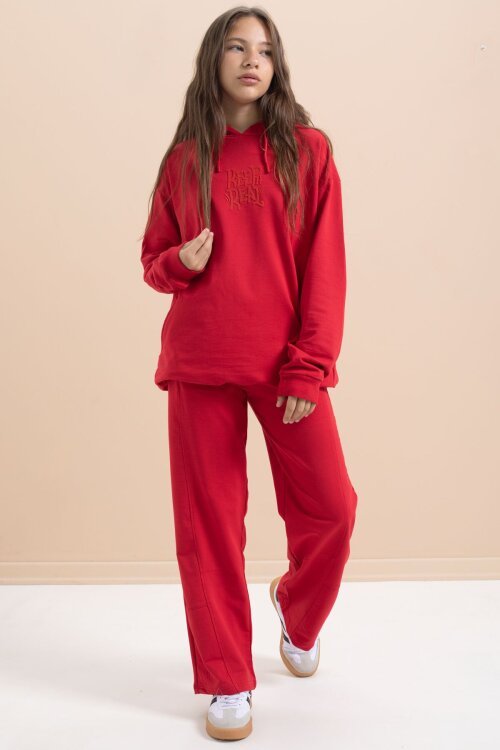 Kırmızı Yazı Baskılı Kapüşonlu Geniş Paça Kız Çocuk Eşofman Takımı 21431