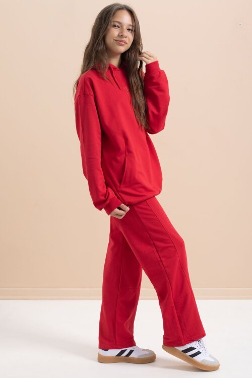 Kırmızı Yazı Baskılı Kapüşonlu Geniş Paça Kız Çocuk Eşofman Takımı 21431